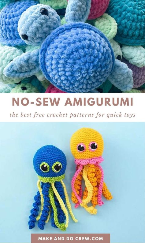 Check out this selection of free no sew amigurumi patterns curated by Make and Do Crew. Craft seamless, easy, and quick mini crochet projects without the hassle of sewing. Whether you're looking for a crochet bunny, mini crochet animals, amigurumi food, or crochet dolls, these small amigurumi projects are perfect for beginners. Visit our blog and create crochet toys and gifts in under one hour with these practical and beginner-friendly projects. Perfect for end of year teacher gifts. No See Amigurumi, Simple Crochet Stuffed Animals, Free Small Amigurumi Patterns, Quick Easy Crochet Gifts, Free No Sew Amigurumi, Easy Free Crochet Patterns For Beginners, Free No Sew Crochet Patterns, Crochet No Sew Amigurumi, Patterns For Stuffed Animals