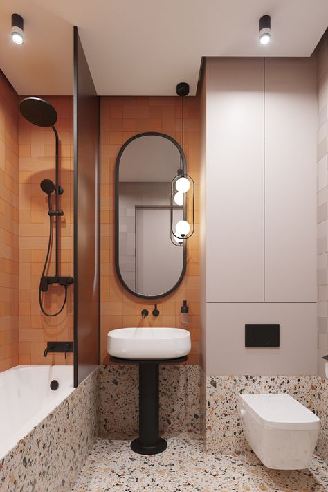 Latest Bathroom Designs, Orange Tiles, Orange Bathrooms, Sideboard Designs, Deep Orange, Elegant Bathroom, Bathroom Vanity Lighting, Bathroom Flooring, Bathroom Renovation