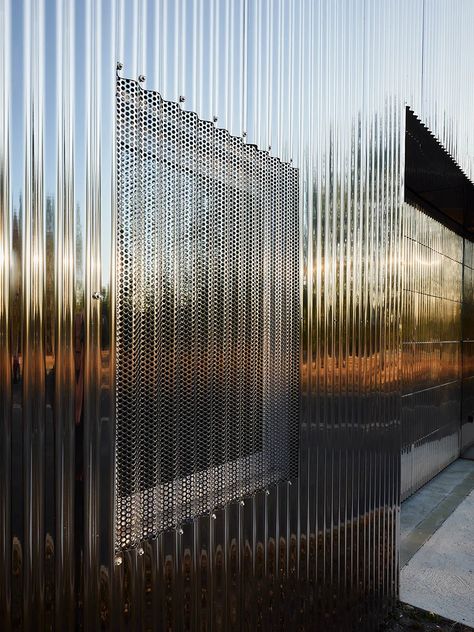 freaks architecture uses corrugated stainless steel to clad office in france France Architecture Aesthetic, Steel Aesthetic, Steel Architecture, French Lighting, Warehouse Conversion, Metal Facade, Double Skin, Metal Cladding, Steel Building