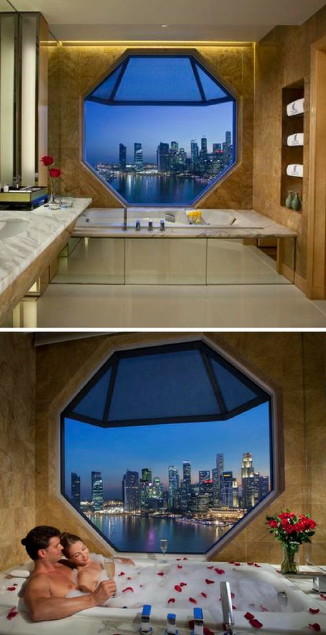 Extraordinary bathroom with panoramic view of Singapore | This bathroom with romantic decorated bathtub belongs to the Deluxe rooms of The Ritz Carlton Millenia Hotel in Singapore | Perfect wedding venue or love shack for romantic stays #bathroom #ideas #hotel #singapore Romantic Shower Together, Romantic Hotel Room Ideas Couples, Room Ideas Couples, Valentine Room Decor, Valentine Room, Romantic Bathtub, Room Decor Romantic, Valentine Day Aesthetic, Couple Bathroom