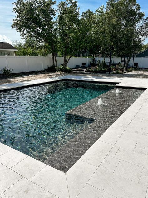 Our Custom In-Ground Pool Design - Within the Grove Black Bottom Pool Design, Modern Pool Colors, Pool Patio Pavers Landscaping Ideas, 12x25 Pool, Black Fiberglass Pool, Slate Pool Deck, Sundeck Pool Ideas, 20x40 Pool Ideas, Pool Interior Colors