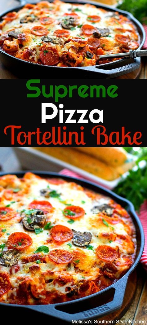 Meat Lovers Pizza Tortellini, Bake Tortellini, Supreme Pizza Pasta, Pizza Tortellini, Pizza Supreme, Casserole Pasta, Veggie Casseroles, Pasta Bakes, Tortellini Bake