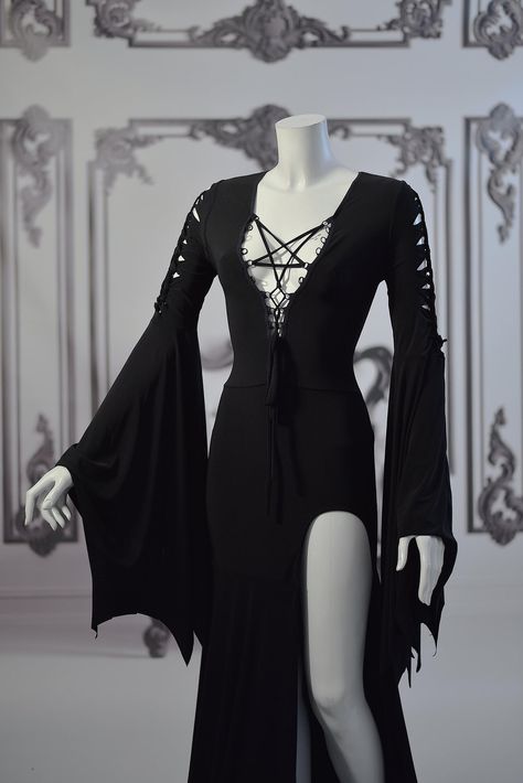 Dress Morticia Addams black gothic slashed pentagram neckline | Etsy Pentagram Dress, Witchcraft 101, Vampire Ball, Ball Costume, Royalty Dress, Gothic Dresses, Fantasy Clothes, Morticia Addams, Alternative Style