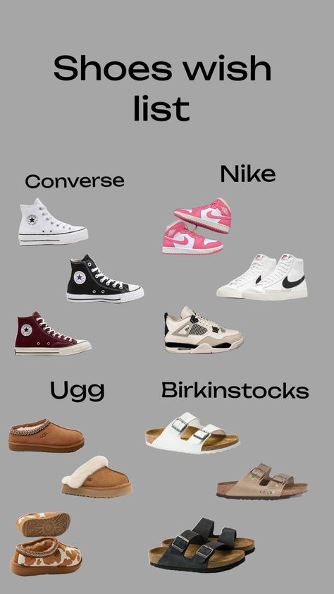 Shoe wish list Shoe Staples, Nick Shoes, Shoe Names, Shoes List, Cute Online Clothing Stores, Shoes Names, Essentials List, Aesthetic Shoes, Famous Footwear