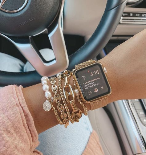 watch for outdoor sports #watchcollection #go Apple Watch Layered With Bracelets, Apple Watch With Gold Jewelry, Bracelet And Apple Watch Stacking, Stacked Watch And Bracelets, How To Wear Bracelets With Apple Watch, Gold Bracelet Stack With Apple Watch, Apple Watch Ideas For Women, Styling Apple Watch Women, Apple Watch Aesthetic Gold