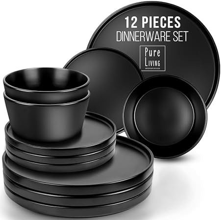 Amazon.com: Matte Black Dinnerware Set - Ultra Chic Black Stoneware Dinnerware Sets for 4-12 pcs. Matte Black Plate Set - Dishwasher and Microwave Safe - Black Plates Ceramic and Bowls - Black Dishware: Home & Kitchen Black Dishware, Matte Black Dinnerware, Black Dinnerware Set, Black Dinnerware, Stoneware Dinnerware Sets, Stoneware Dinnerware, Black Plates, Dinnerware Set, Dinnerware Sets