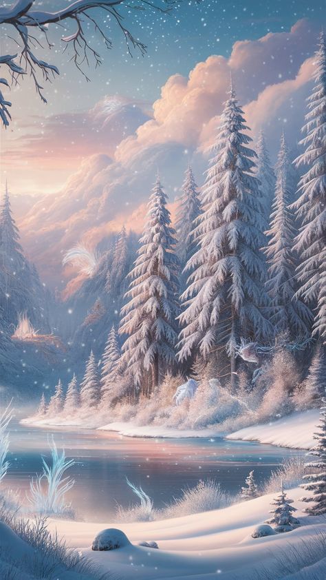 Winter Fantasy Art, Tranquil Wallpaper, Fantasy Winter, Winter Board, Colouring Ideas, Whimsical Creatures, Magical Sunset, Snowflakes Falling, Winter Lake