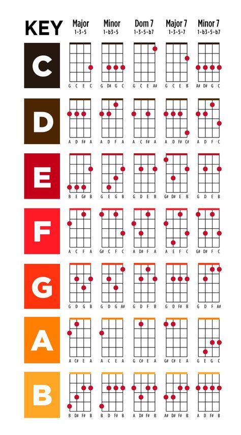 Printable Basic Ukelele Chords Chart. #ukelele #chordchart #ukelelechords #learnukelele #printable Cord Progressions Ukulele, Basic Ukulele Chords Chart, Basic Ukulele Chords, Music Chart Design, Ukulele Chord Chart Printable, Ukele Chords, Basic Chords Guitar, Basic Guitar Chords Chart, Ukulele Scales