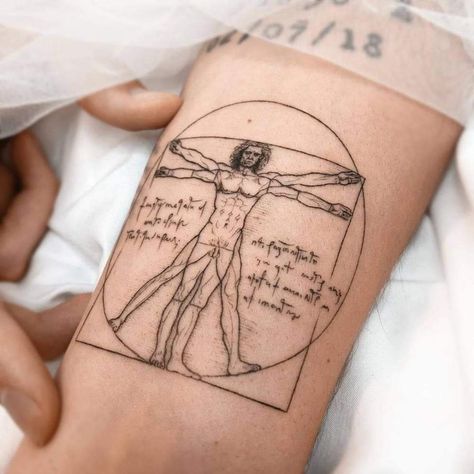 Vitruvian Man Tattoo, Philosophy Tattoos, Hipster Tattoo, Artsy Tattoos, Man Tattoo, Forearm Band Tattoos, Vitruvian Man, Inner Forearm, Greek Tattoos