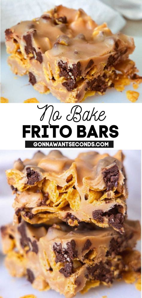 *NEW* Crunchy, salty, sweet, chocolatey -- the perfect dessert has it all, just like in my Frito Bars recipe! The whole dish whips together in 15 minutes. #fritobars #nobakedesserts #nobake #easydesserts #desserts Frito Cookies Recipe, Frito Recipes Sweets, Desserts With Fritos, Recipes Using Fritos, Quick And Easy Finger Desserts, Do Nothing Bars, Peanut Butter Frito Bars, Fritos Dessert Bars, Sweet And Salty Desserts Easy