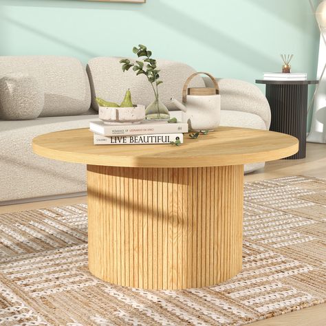 Open Menu Wood Round Coffee Table, Round Coffee Table Living Room, Fluted Panel, Modern Wood Coffee Table, Pedestal Coffee Table, Nesting Coffee Table, Modern Farmhouse Living, Round Wood Coffee Table, Solid Coffee Table