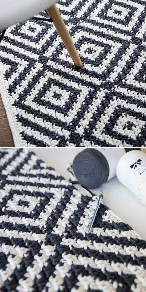 Crochet Three Color Blanket, Crochet Carpet Pattern Free, Crochet Rug Free Pattern, Crochet Carpet Rug, Crochet Carpets, Diy Crochet Rug, Carpet Crochet, Crocheted Rug, Crochet Rug Patterns Free