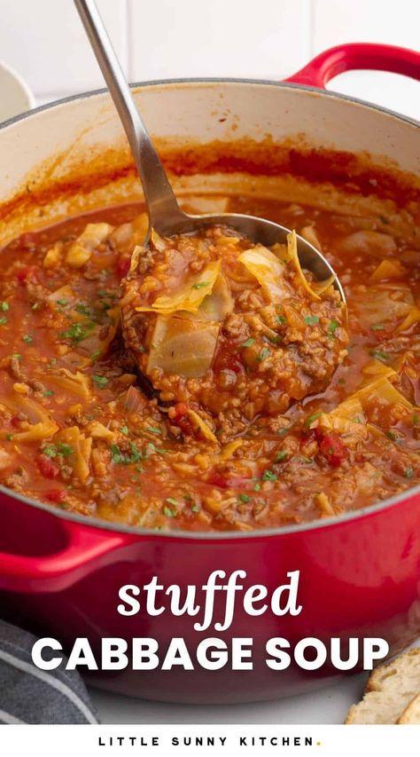 Simple Cabbage Soup, Spicy Cabbage Soup, Hamburger Recipes For Dinner, Stuffed Cabbage Soup, Easy Stuffed Cabbage, Easy Cabbage Soup, Cabbage And Sausage, Unstuffed Cabbage, Cabbage Roll Soup