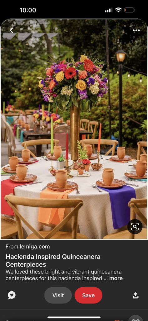 Mexican 15 Centerpiece, Bright Table Decorations, Hacienda Style Birthday, Quiencera Mexican Theme, Elegant Mexican Fiesta Party Ideas, Rustic Mexican Theme Party, Formal Fiesta Decor, Guatemala Quinceanera Theme, Ranchero Quinceanera Decorations