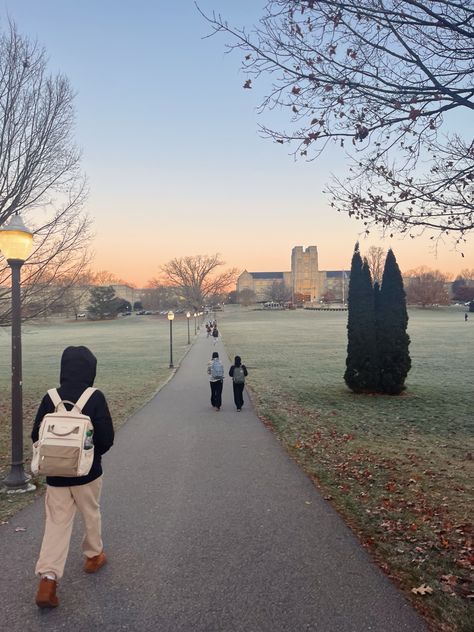 morning walk, college campus, winter, sunrise, blacksburg, vieginia tech Walk To School Aesthetic, Morning School Aesthetic, Winter College Aesthetic, College Autumn Aesthetic, Rainy College Aesthetic, Walking Around Campus Aesthetic, Cold School Morning Aesthetic, Fall Morning Aesthetic, Early School Morning Aesthetic