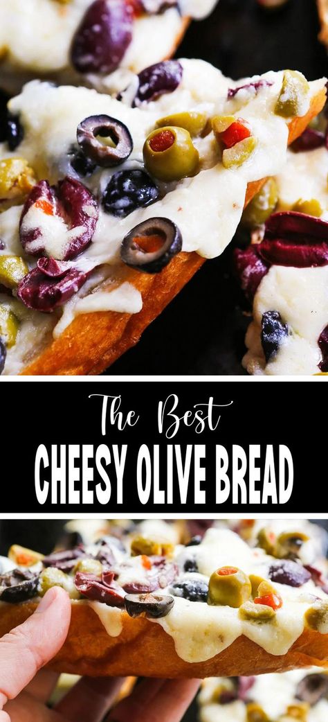 Collage of closeup shot of cheesy olive bread at top and bottom. Cheesy Olive Bread, Olive Cheese Bread Recipe, Olive Cheese Bread, Ugly Food, Slow Cooker Appetizers, Best Brunch Recipes, Cheese Bread Recipe, Olive Bread, Olive Recipes