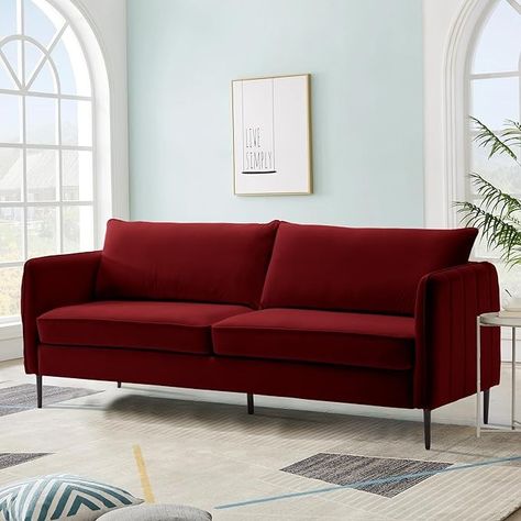 Amazon.com: PEIHONGET 85 Inch Velvet Couch - Oversized Soft Frosted Velvet Upholstered Cozy Sofa with Metal Legs, Comfy Loveseat Sofa with Wide Armrests for Living Room, Bedroom, and Reading Room (Wine Red) : Home & Kitchen Maroon Sofas, Velvet Couch Living Room, Red Couch, Upholstered Couch, Bedroom Couch, Velvet Couch, Cozy Sofa, Cozy Seating, Modern Couch