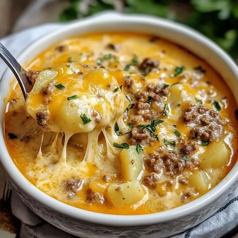 Cheesy Hamburger Potato Soup recipe Hamburger Cheesy Potato Soup, Hamburger Potato Cheese Soup, Cheesy Hamburger Potato Soup Recipe, Supper Recipes With Hamburger, Crockpot Hamburger Soup Recipes, Cheesy Potato Hamburger Soup, Hamburger Meat Soup Recipes Easy, Hamburger Potato Soup Instant Pot, Hamburger Soup Crockpot Easy