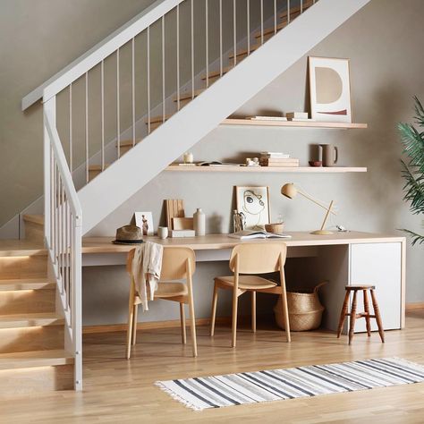 Nook Next To Stairs, Desk Under Stairs, Office Under Stairs, Under Stairs Nook, Space Under Stairs, Stair Nook, Open Stairs, Office Nook, Home Stairs Design