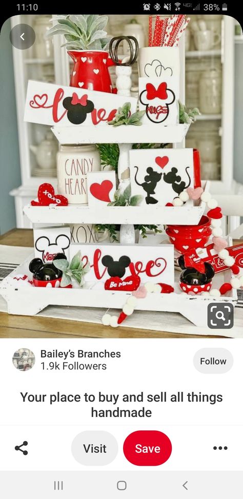 Mickey Mouse Tiered Tray, Disney Valentines Decor, Mickey Valentines, Vinal Ideas, Mickey Decor, Mickey Decorations, Mickey Mouse Kitchen, Deco Disney, Tiered Shelf