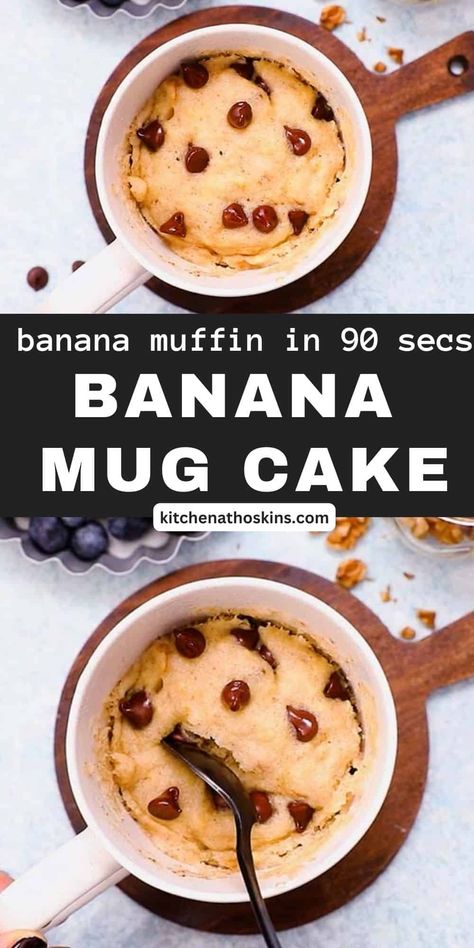 Banana Mug Cake bakes in the microwave in exactly 90 seconds. Warm, light and fluffy, with gooey melted chocolate chips and crunchy walnuts, it is the fastest way to enjoy a warm banana chocolate chip muffin! Summer Dishes Recipes, Melted Chocolate Chips, Mug Cake Recipes, Microwave Mug Recipes, Banana Mug Cake, Banana Recipes Overripe, Vegan Mug Cakes, Microwave Dessert, Mug Cake Microwave