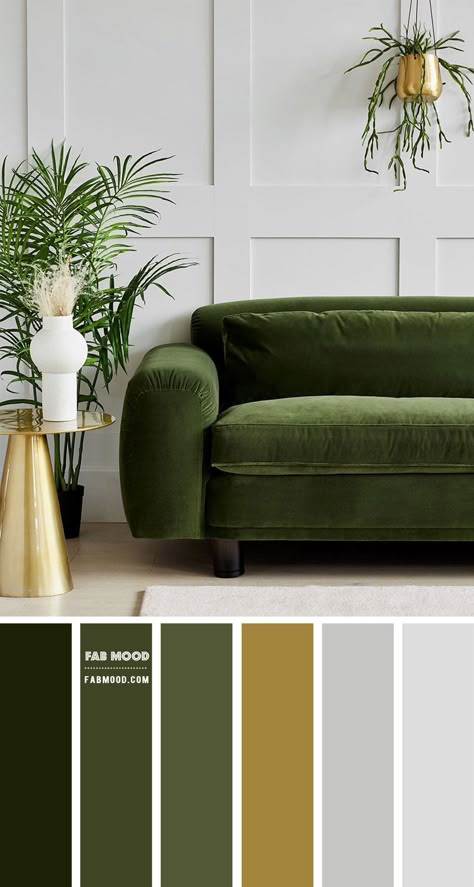 How about a touch of eco in your grey living room? Adding a pop of green has the power to completely transform any living room. Luscious vintage green... Avocado Green Living Room Color Scheme, Green Color Living Room Ideas, Paint Colors With Green Couch, Vintage Theme Living Room, Green Couch Grey Walls, Olive Green And Gray Living Room, Living Color Scheme Ideas, Green Color Palette Interior Design, Best Colours For Living Rooms