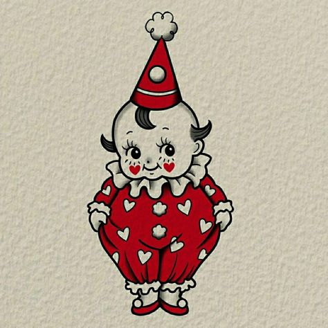 Kewpie Drawing, Vintage Halloween Tattoos, Halloween Kewpie, Kewpie Tattoo, Kewpie Art, Rock Baby Clothes, Diy Coloring Books, Clown Party, Clown Illustration