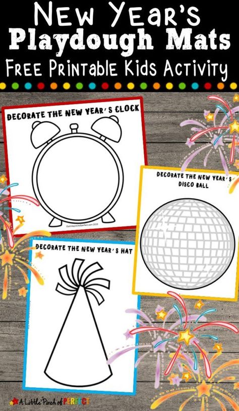 The kids will have fun this New Year's Eve with these free printable playdough mats. As your kids wait for the New Year they can play and be creative making fireworks, party hats, disco balls, and more. Kids will love having something fun to do as they wait for the new year to arrive, and this is a quick and easy activity to set up! #newyear #newyearseve #kidsactivities #sensory #preschool #kids #kindergarten Fireworks Party, New Year's Eve Crafts, Kids New Years Eve, New Year's Eve Activities, New Years Hat, Free Activities For Kids, New Years Activities, Playdough Mats, Printable Calendar Template