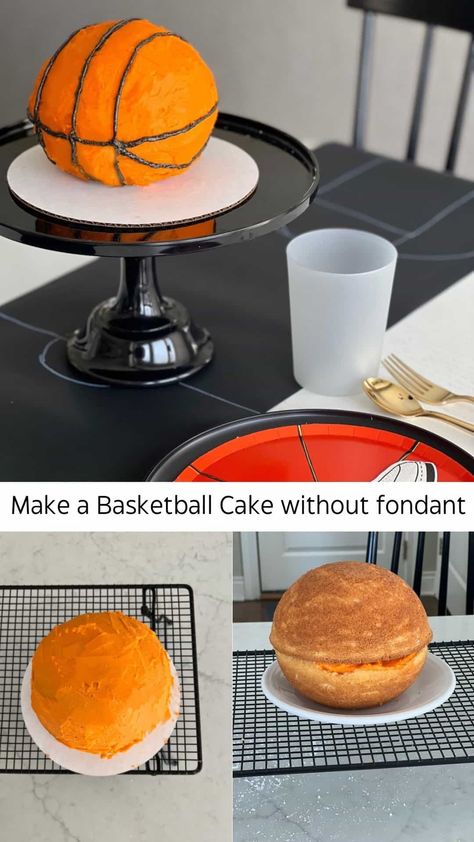 Basketball Cake decorated with Buttercream - traditionallycozy.com Basketball Birthday Cakes For Boys, Basketball Smash Cake, Basic Buttercream Recipe, Cakes Without Fondant, Basketball Birthday Cake, Orange Icing, Orange Buttercream, Diy Birthday Cake, Decorator Frosting