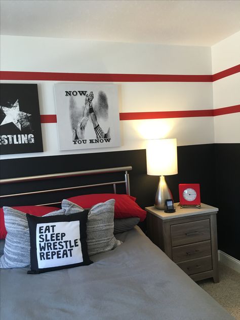 Red And Black Gamer Bedroom, Black And Red Boys Bedroom, Boys Red Bedroom Ideas, Boys Red Bedroom, Red Accent Wall Bedroom Boys, Red Bedroom Ideas For Boys, Red And Black Bedroom Ideas, Red And Black Room, Red Accent Wall Bedroom