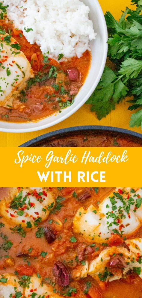 This spicy garlic and tomato haddock recipe with rice makes a great low carb meal. Learn how to make it for dinner this fall! #fishrecipes #ricedishes #haddock Haddock Meal Prep, Haddock Healthy Recipes, Haddock Recipes Baked, Fried Cod Recipes, Pan Fried Cod, Healthy Budget Meals, Low Cal High Protein, Recipe With Rice, Healthy Meals On A Budget