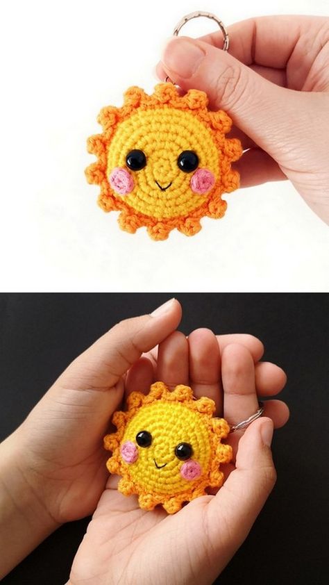 Crochet Sun Amigurumi Crochet Sun Pattern Free, Sun Pattern Crochet, Sun Crochet Pattern Free, Tangled Sun Crochet Pattern Free, Crochet Sun Keychain Free Pattern, Crochet Sun Keychain, Crochet A Sun, Sun Amigurumi, Sun Crochet