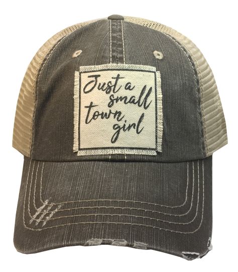 Details Vintage Distressed Trucker Cap "Just A Small Town Girl"Color: Light Brown Distressed Material: Cotton/Polyester blend, Mesh backSize: One size fits most, with an adjustable velcro strap. Unisex cap. Casual Mini Baseball Cap With Letter Print, Casual Hat With Letter Print, Casual Mini Snapback Hat With Letter Print, Adjustable Hats With Letter Print, Cowgirl Casual, Roadtrip Photography, Baseball Hat Outfit, Girls Baseball, Country Hats