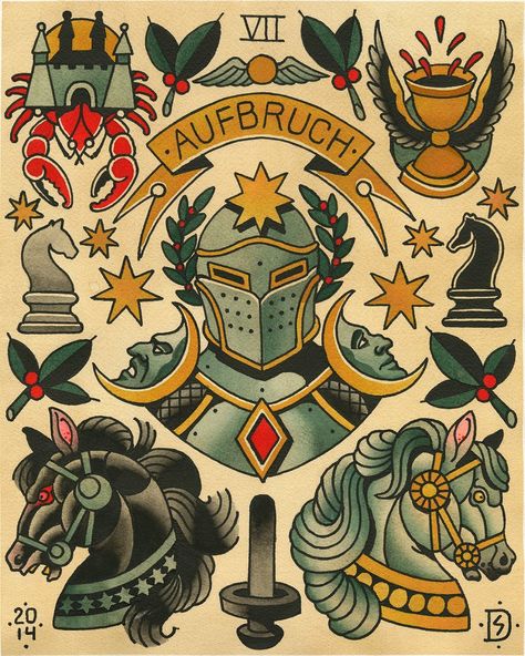 Medieval Tattoo, Tarot Tattoo, Knight Tattoo, Traditional Tattoo Sleeve, Tattoo Flash Sheet, Old School Tattoo Designs, Traditional Tattoo Design, Traditional Tattoo Art, Old Tattoos