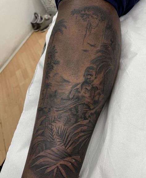 Dark Skin Men Tattoo Ideas, Inner Bicep Sleeve Tattoo, Black Spiritual Tattoos, African Tattoo Ideas For Men Sleeve, African Tattoos Men, African Sleeve Tattoo Men, Leg Tattoo Black Men, Black People Tattoos Dark Skin, Pakistani Tattoo