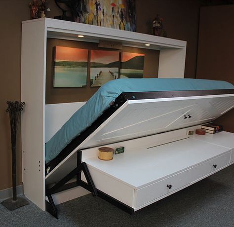 Murphy Bed With Desk, Beautiful Bed Designs, Built In Vanity, Guest Bedroom Remodel, Murphy Bed Ikea, Murphy Bed Desk, Modern Murphy Beds, Bed With Desk, Murphy Bed Plans