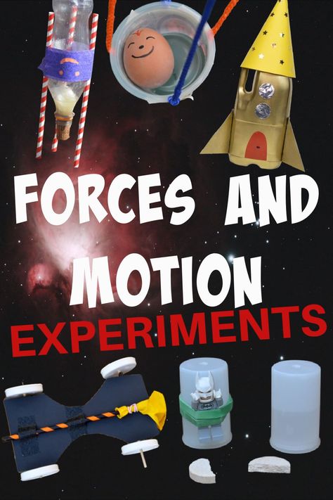 Selection of fun forces and motion experiments for kids. Make a bottle rocket, a parachute, balloon powered car and lots more activities using forces and motion! Force And Motion Elementary, Forces And Motion Activities, Forces Stem Activities, Teaching Forces And Motion, Force Of Motion Activities, Force Motion And Energy Activities, Forces In Motion Activities, Forces Activities For Kids, Gravity Experiments Middle School