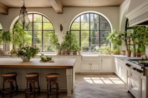 Mediterranean light kitchen with wooden countertop, large wraparound windows and lots of green potted plants royalty free stock photos Light Kitchen, Kitchen Lighting, Green Plants, Wrap Around, Potted Plants, Free Stock Photos, Countertops, Photo Image, Royalty Free Stock Photos