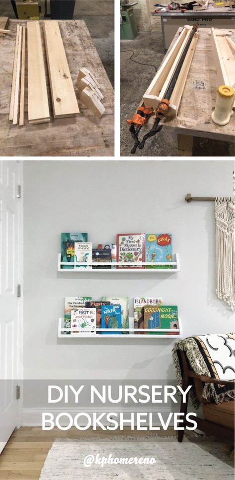 Hanging Nursery Bookshelves, Nursery Shelves Diy, Diy Nursery Shelves Bookshelves, Diy Book Ledge Shelf, Nursery Bookshelf Diy, Diy Wall Bookshelves Kids, Diy Childrens Bookshelf, Diy Baby Bookshelf, Diy Nursery Bookshelf