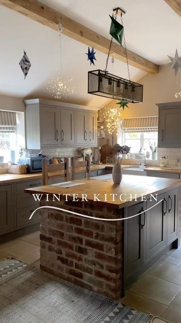 Chelsea | Exposed Brick & Wood on Instagram: "I’m calling this my “winter kitchen” it is in no way decorated for Christmas still 😅 keeping the sparkle alive for dreary January! Have a great weekend everyone ❤️" Winter Kitchen, Brick Kitchen, Brick And Wood, Have A Great Weekend, Exposed Brick, Kitchen Inspirations, No Way, Kitchen Remodel, Chelsea