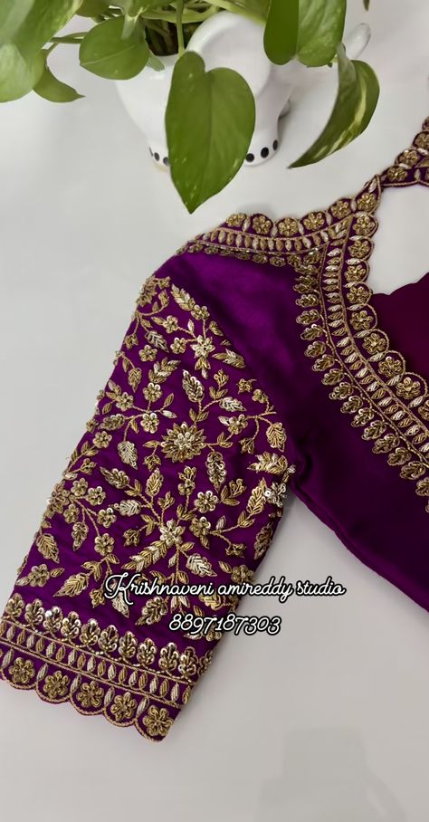 Brinjal Color Blouse Maggam Work, Lehenga Blouse Maggam Work Designs, Maroon Bridal Blouse Aari Work, Full Hand Work Blouse Designs, Maggam Full Work Blouse Designs, Full Embroidery Blouse Designs, Full Hand Maggam Work Designs, Bride Maggam Work Blouses, Full Work Blouse Designs