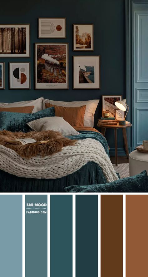 10. Navy Blue, Blue Teal & Brown Navy blue can be a great choice for a bedroom, as it can create a calming and... Dark Teal Bedroom, Teal Rooms, Navy Blue Bedrooms, Best Bedroom Colors, Teal Living Rooms, Bedroom Color Combination, Teal Bedroom, Brown Bedroom, Bedroom Color Schemes