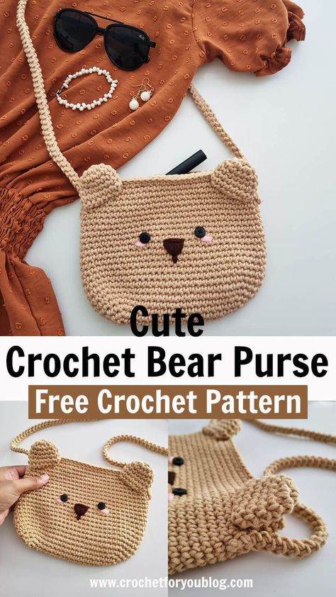 Bear Purse, Purse Patterns Free, Free Crochet Bag, Crochet Bag Pattern Free, Haken Baby, Crochet Teddy, Crochet Purse Patterns, Crochet Bags Purses, Crochet Bear