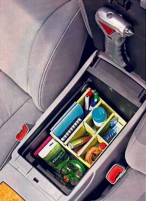 Car Snack Storage, Living In Car Organization, Glovebox Organization Diy Car, Small Car Storage Ideas, Car Compartment Organization, Cute Car Storage, Car Console Organization Diy, Car Glove Box Organization, Middle Console Organization Car