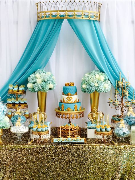 Aladdin Baby Shower Ideas, Tiffany Blue And Gold Wedding, Aladdin Birthday Party, Princess Jasmine Birthday Party, Princess Jasmine Birthday, Aladdin Party, Jasmine Party, Crown Baby Shower, Gold Tiffany