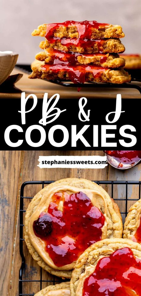 These peanut butter and jelly cookies are better than Crumbl! They are a peanut butter cookies topped with peanut butter and jelly. They capture the flavors and nostalgia of a good PB&J sandwich while being as fun and delicious as a cookie! Peanut Butter And Jelly Biscuits, Peanut Butter And Jam Cookies, Peanut Butter And Jelly Sandwich Cookies, Vegan Peanut Butter And Jelly Cookies, Jelly Filled Peanut Butter Cookies, Pb J Cookies, Peanut Butter And Jelly Cookies, Peanut Butter Jelly Recipes, Peanut Butter Jelly Cookies