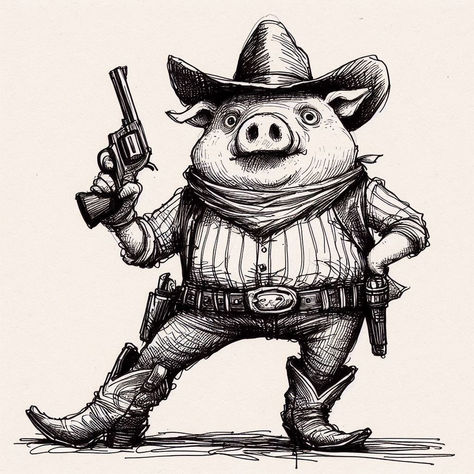 Funny Pig Cowboy Pencil Drawing Rugged Cowboy, Cowboy Attire, Pig Dress, Funny Pigs, Big Ears, Pencil Shading, Cowboy Hat, Pencil Drawing, Wild West