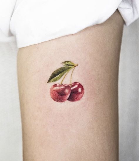 Cherry Tattoo Realistic, Dainty Cherry Tattoo, Cherry Tattoo, Butterfly With Flowers Tattoo, Prince Tattoos, Cherry Tattoos, Food Tattoos, Tattoo Shading, Blue Tattoo