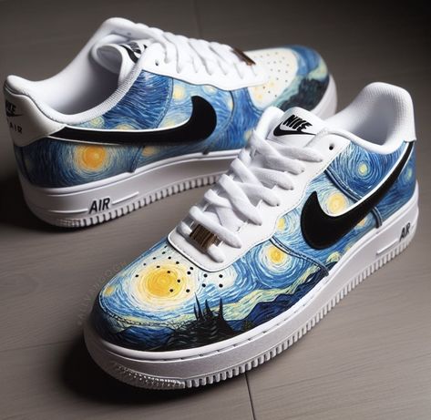 Shoe Painting Ideas Vans, Vincent Van Gogh Starry Night, Air Force One Shoes, Custom Sneakers Diy, Painted Nikes, Nike Air Force 1 Custom, Custom Painted Shoes, Diy Sneakers, Nike Shoes Air Force