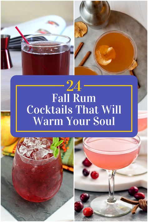 Collage of 4 fall rum cocktails. Creamy Fall Cocktails, Winter Rum Drinks, Fall Drinks With Rum, Maroon Cocktail, Fall Rum Drinks, Fall Rum Punch Recipes, Rum Fall Drinks, Fall Cocktails With Rum, Date Night Drinks At Home